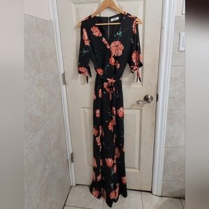 Floral Black and Red Wrap Dress